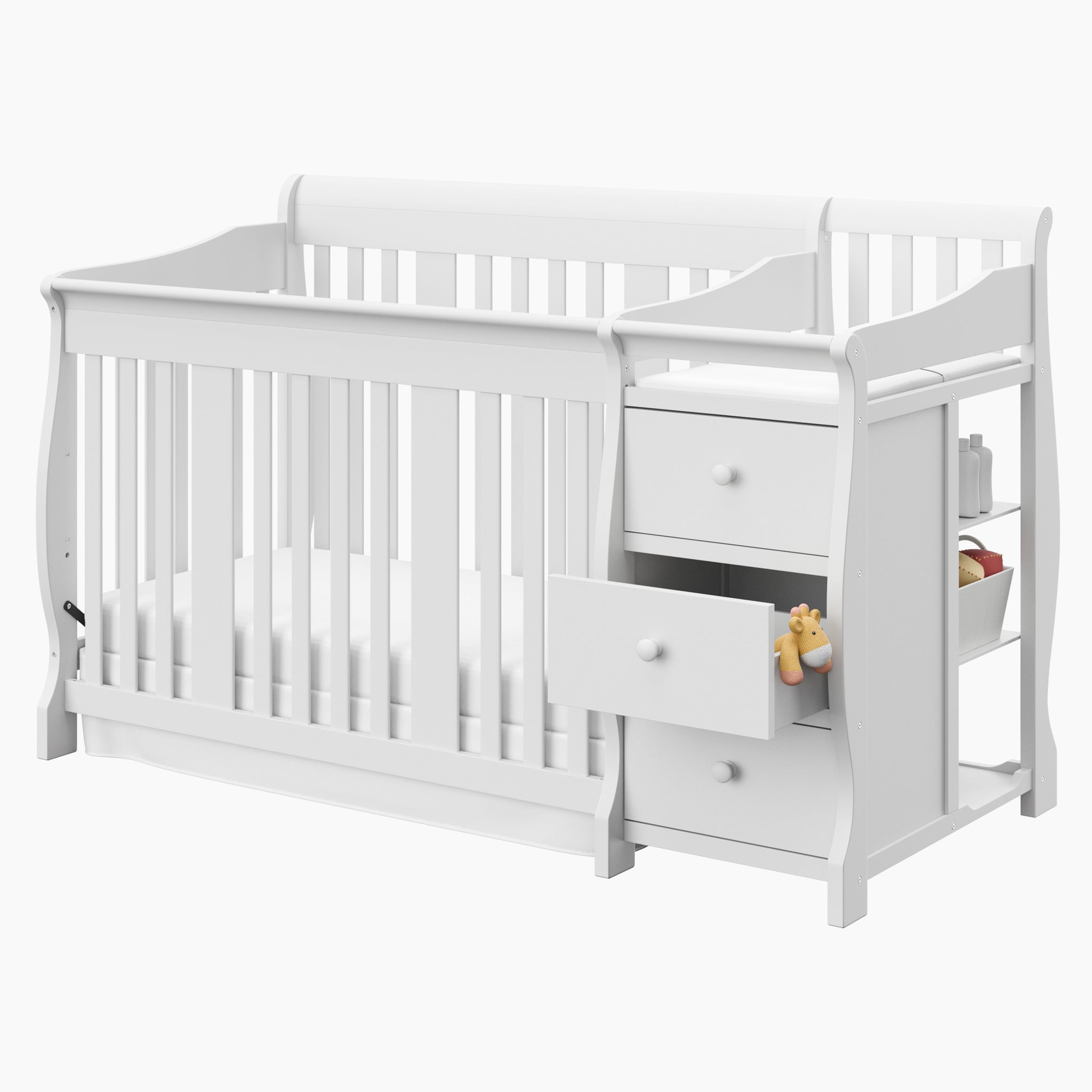 White crib and changer angled with open drawer 