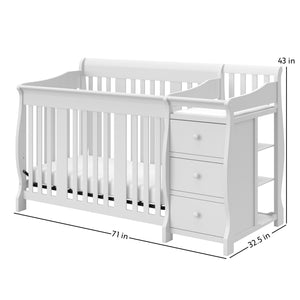 White crib with changer dimensions graphic 