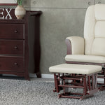 espresso glider and ottoman with beige cushions in nursery with 6 drawer dresser 