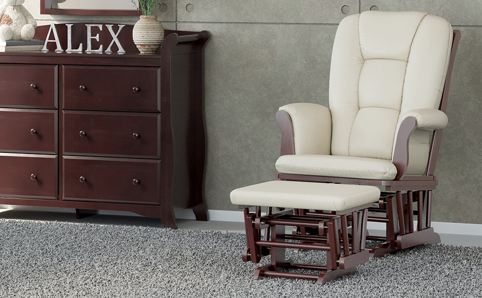 espresso glider and ottoman with beige cushions in nursery with 6 drawer dresser 