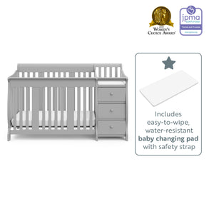 Pebble gray crib with changer changing pad graphic 