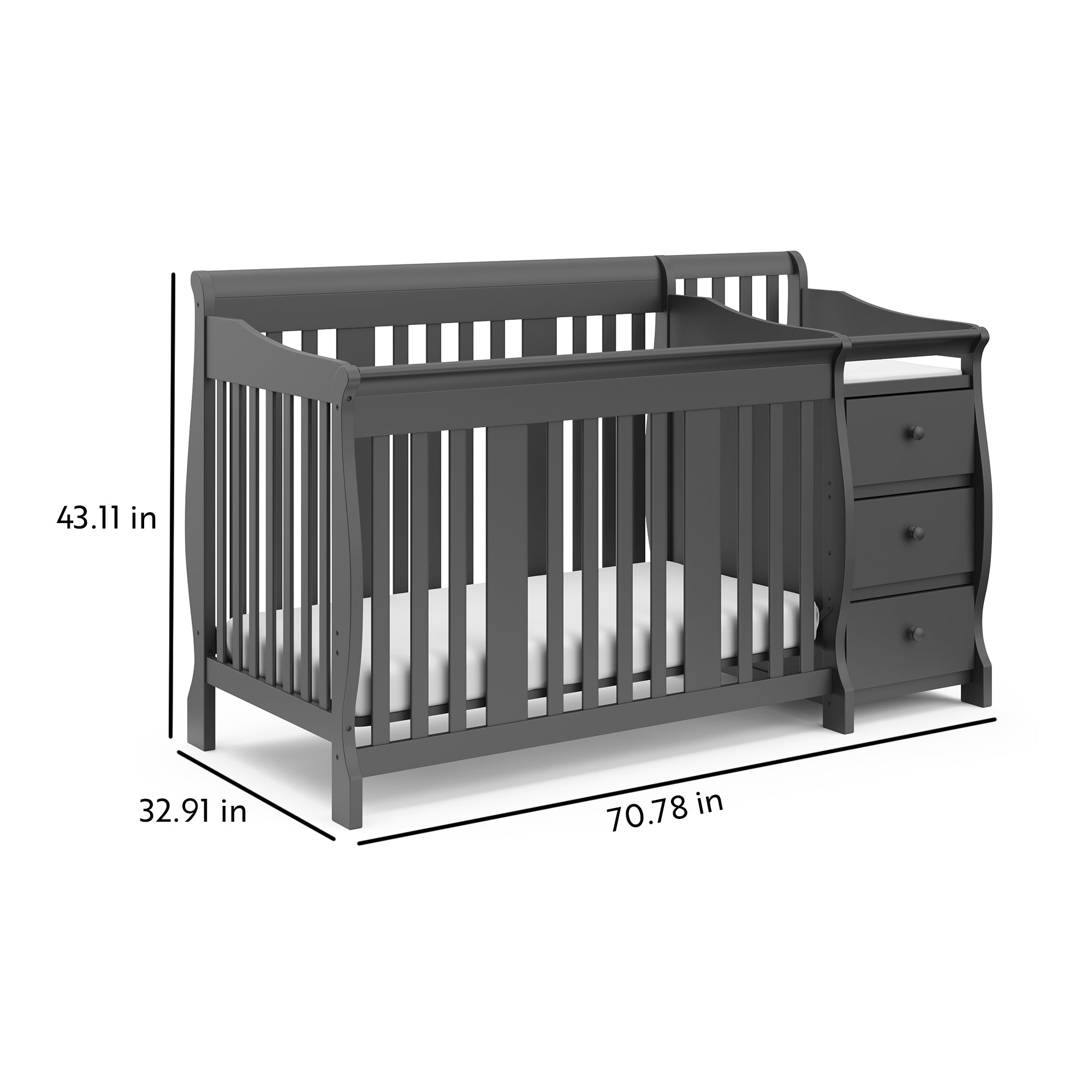 gray crib with changer dimensions graphic 