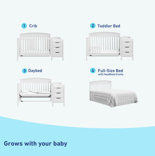 White crib with changer conversions graphic