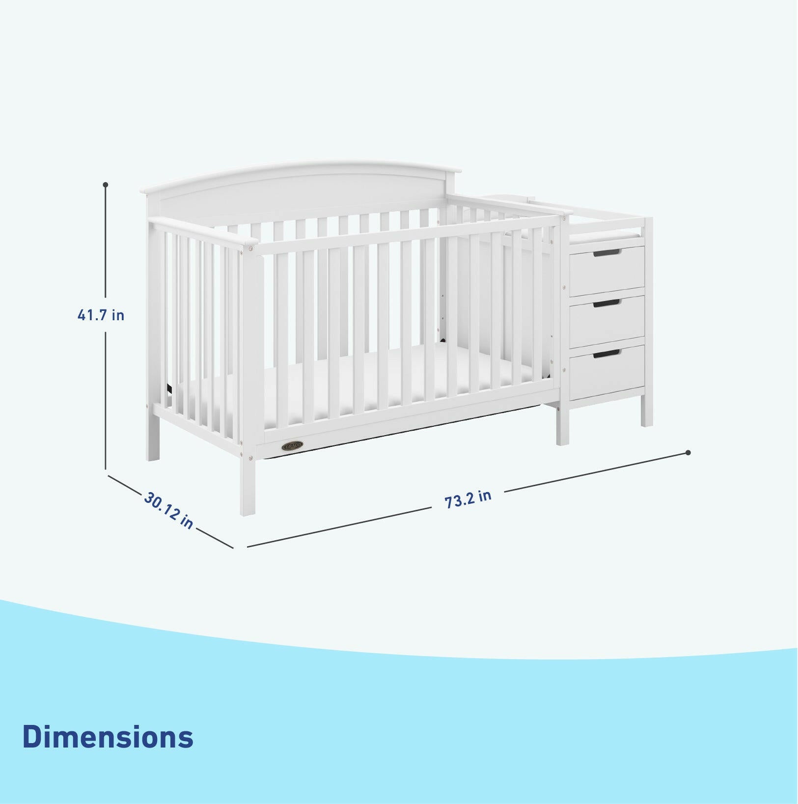 White crib with changer dimensions graphic