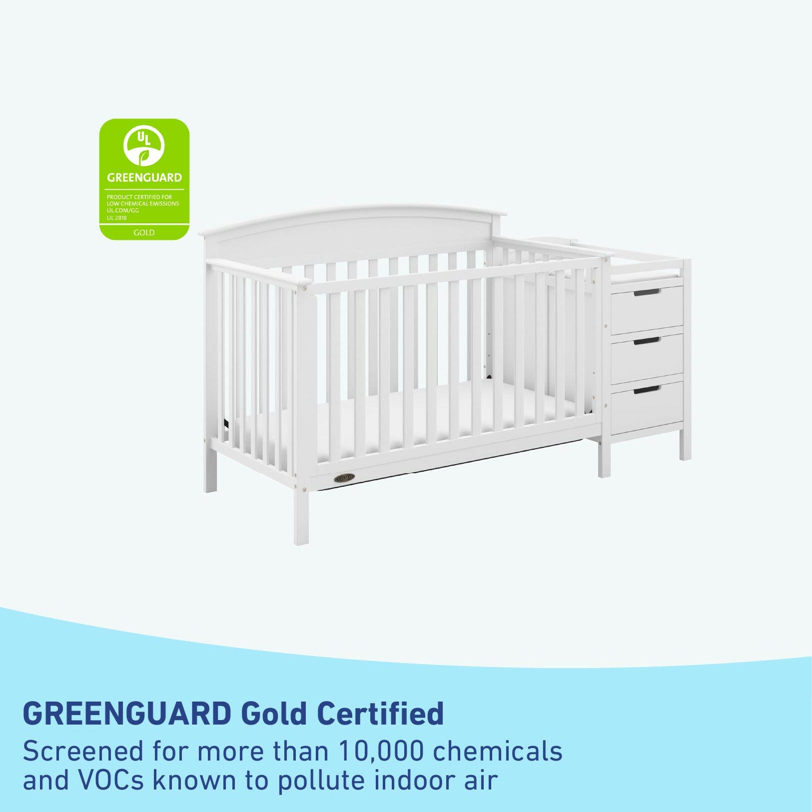 GREENGUARD Gold Certified white crib and changer