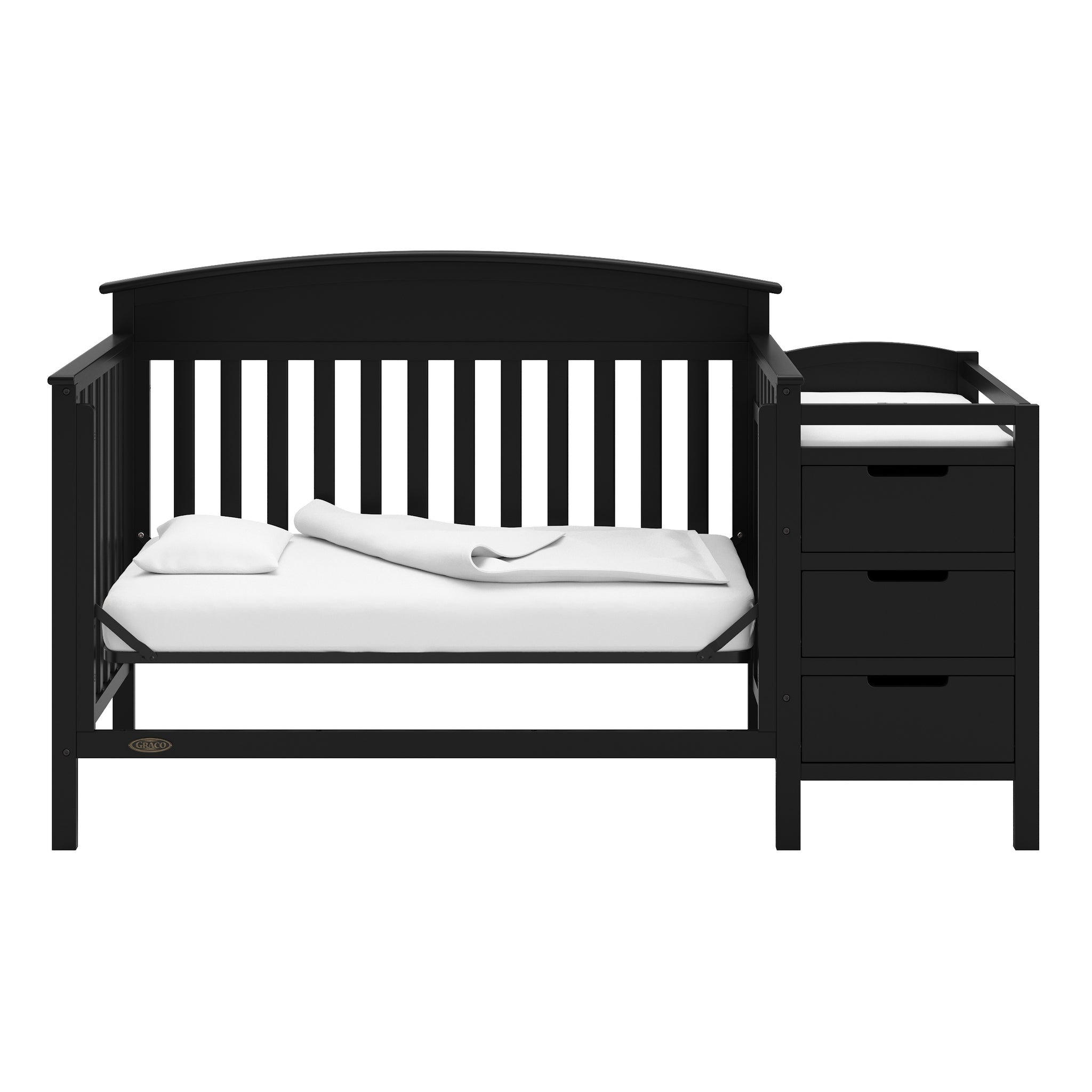 black crib and changer in daybed conversion