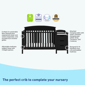 black crib and changer features graphic