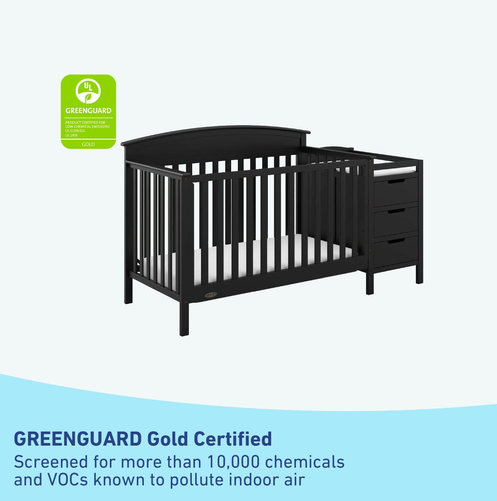 GREENGUARD Gold Certified black crib and changer