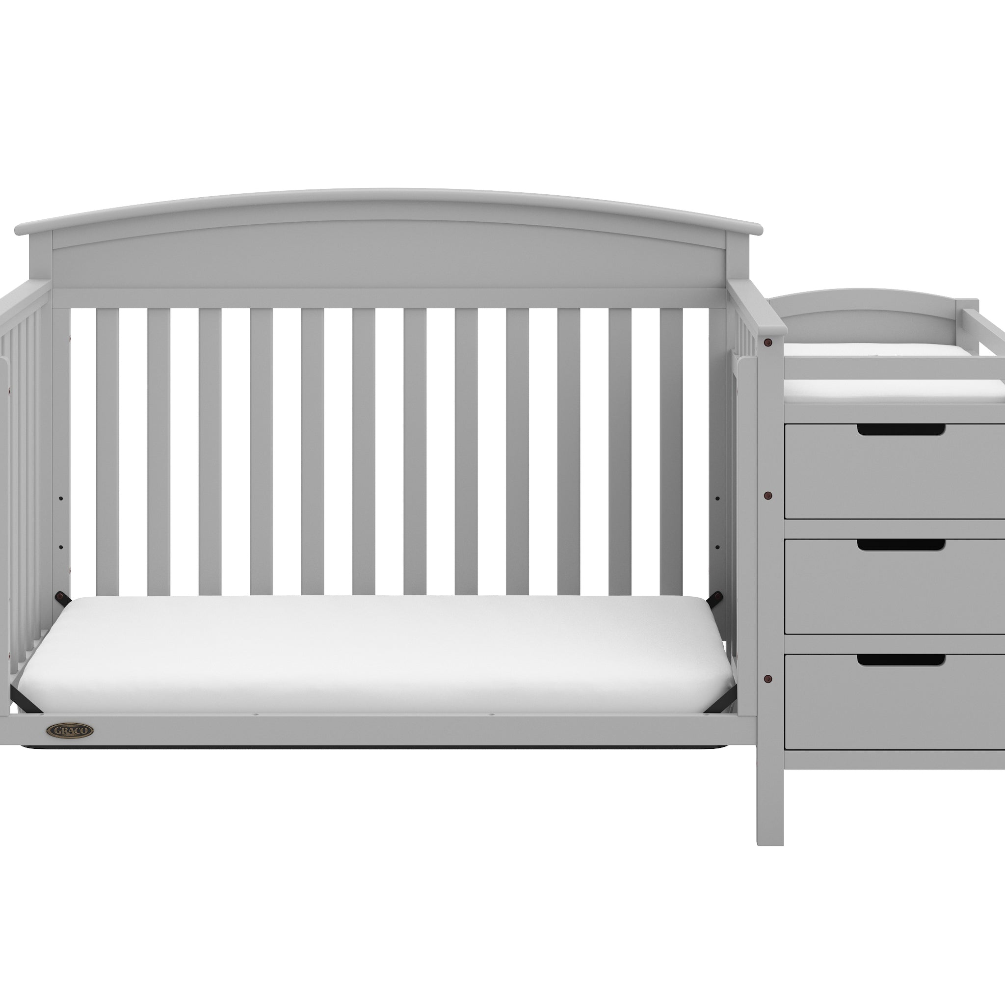 Pebble gray crib and changer in toddler bed conversion