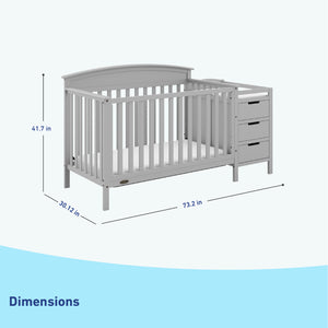 Pebble gray crib with changer dimensions graphic