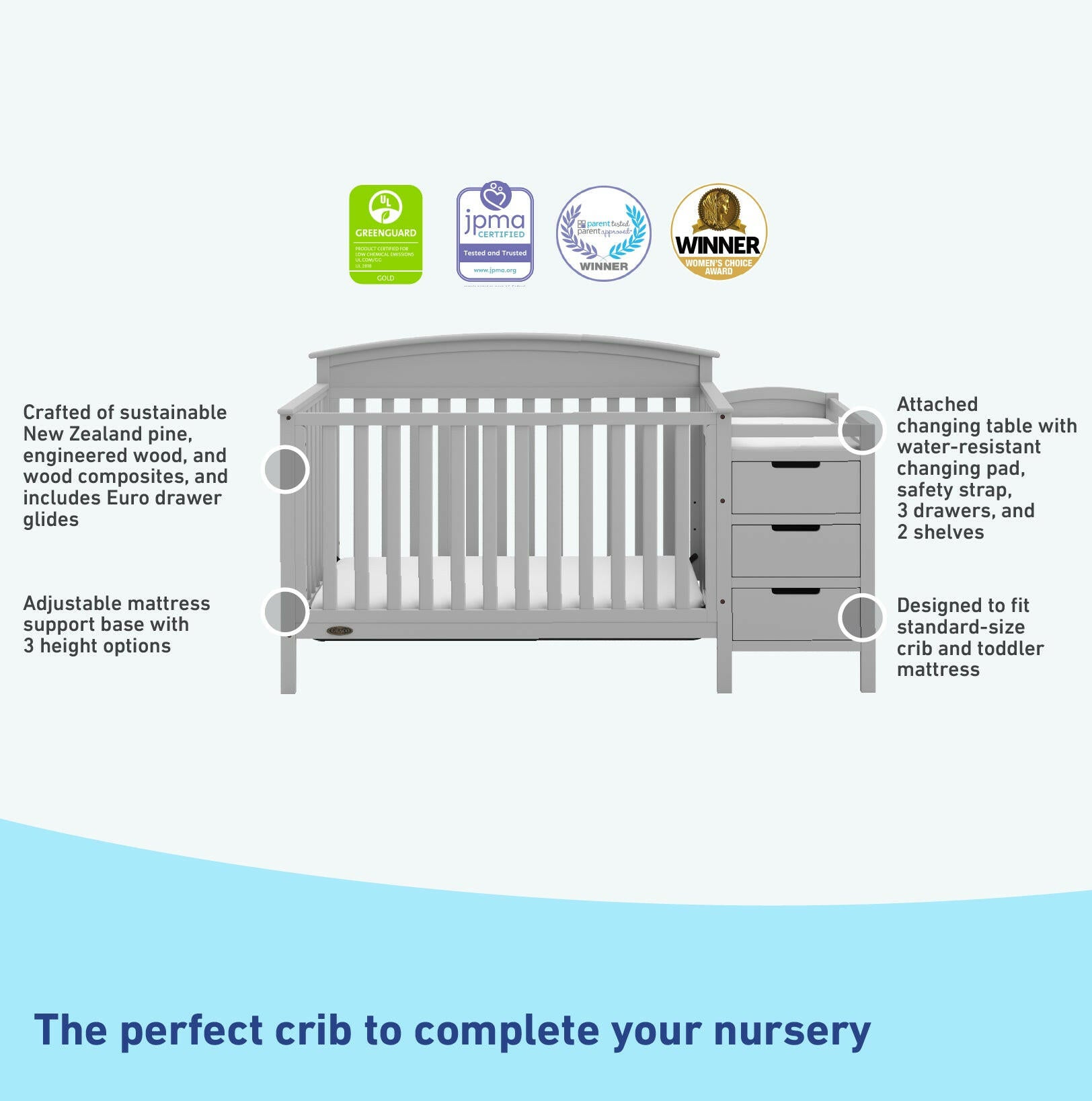 Pebble gray crib and changer features graphic