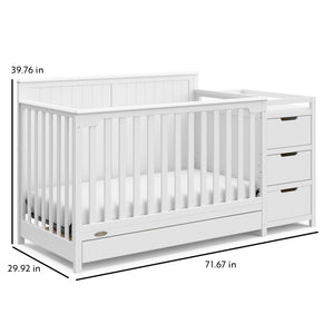 White crib and changer with drawer with dimensions