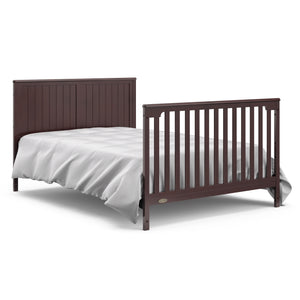 espresso crib and changer with drawer in full-size bed with headboard and footboard conversion