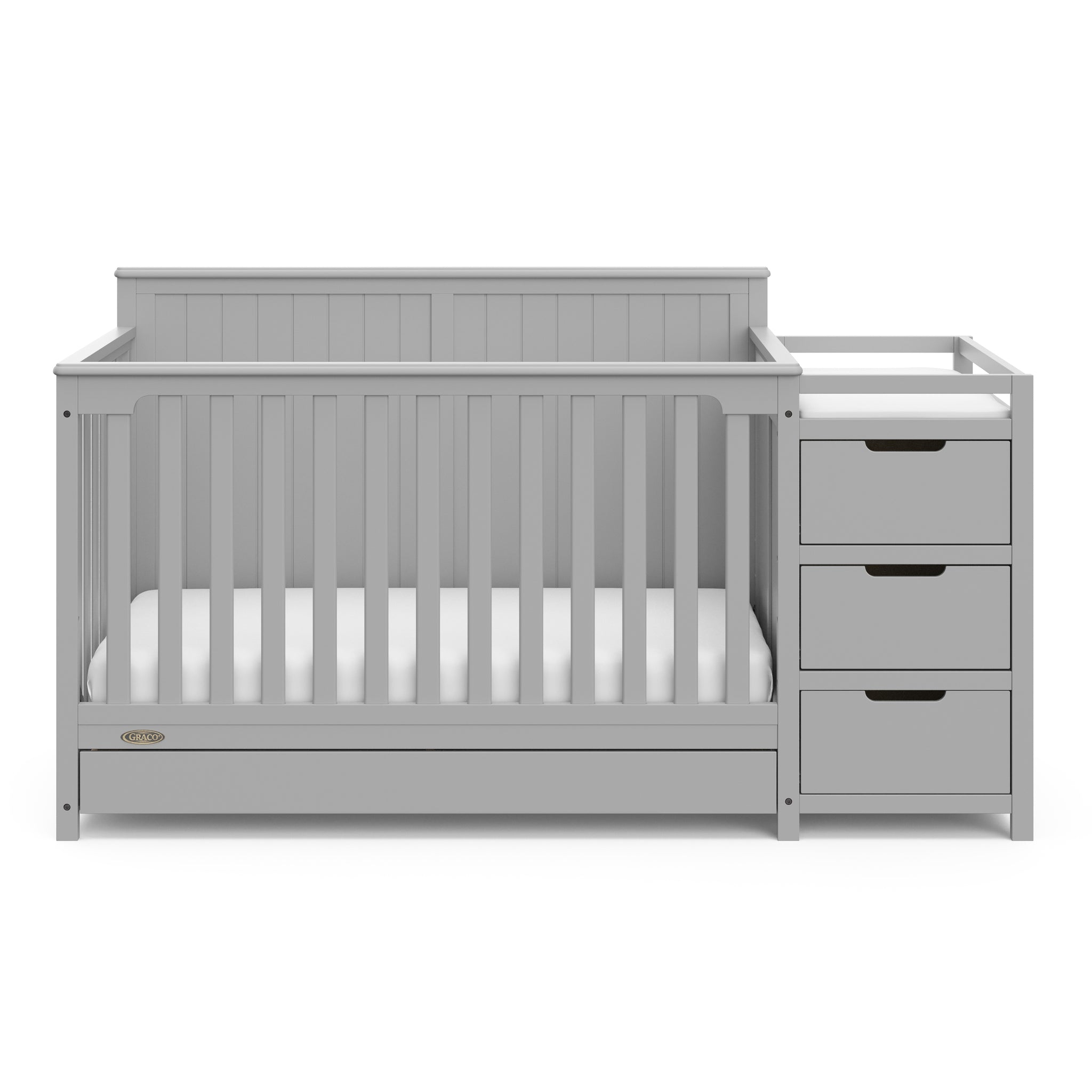 Front view of Pebble gray crib with drawer and changer with drawer