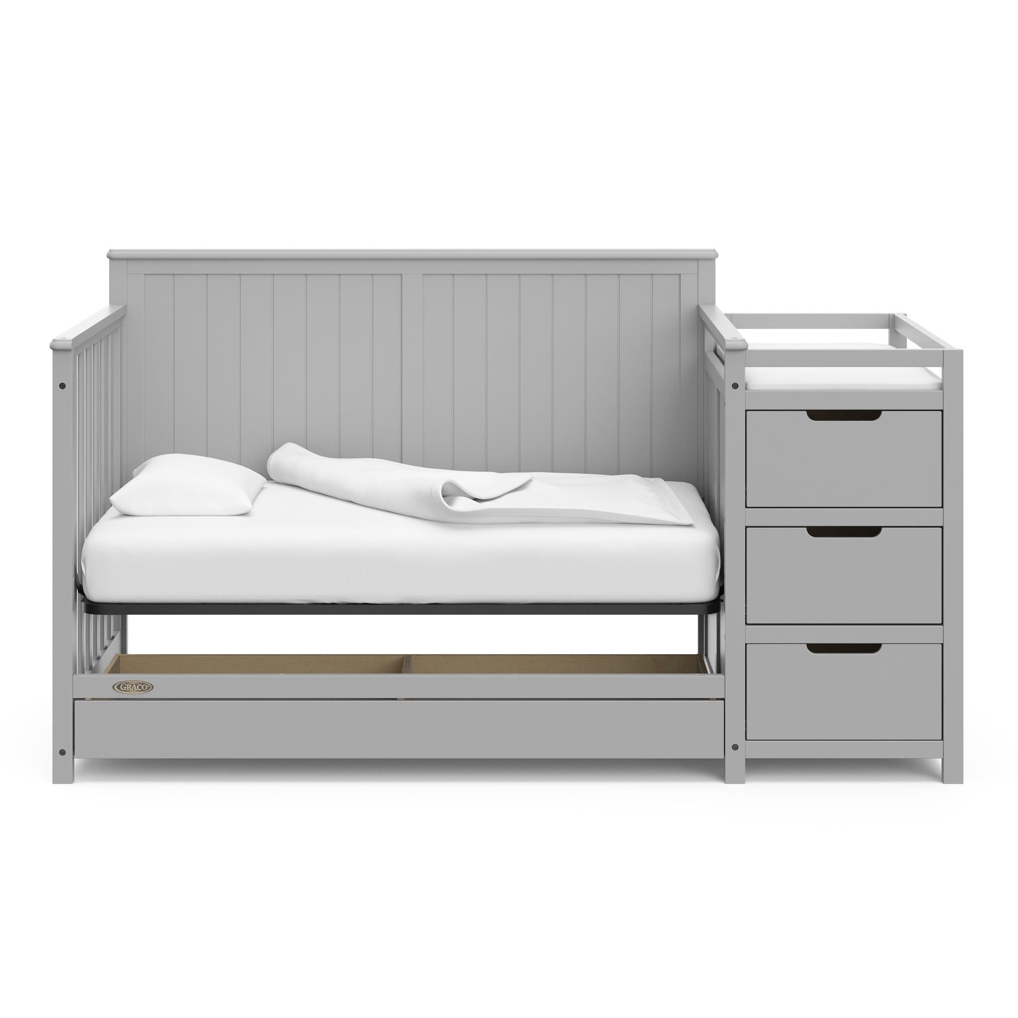Pebble gray crib and changer with drawer in daybed conversion 