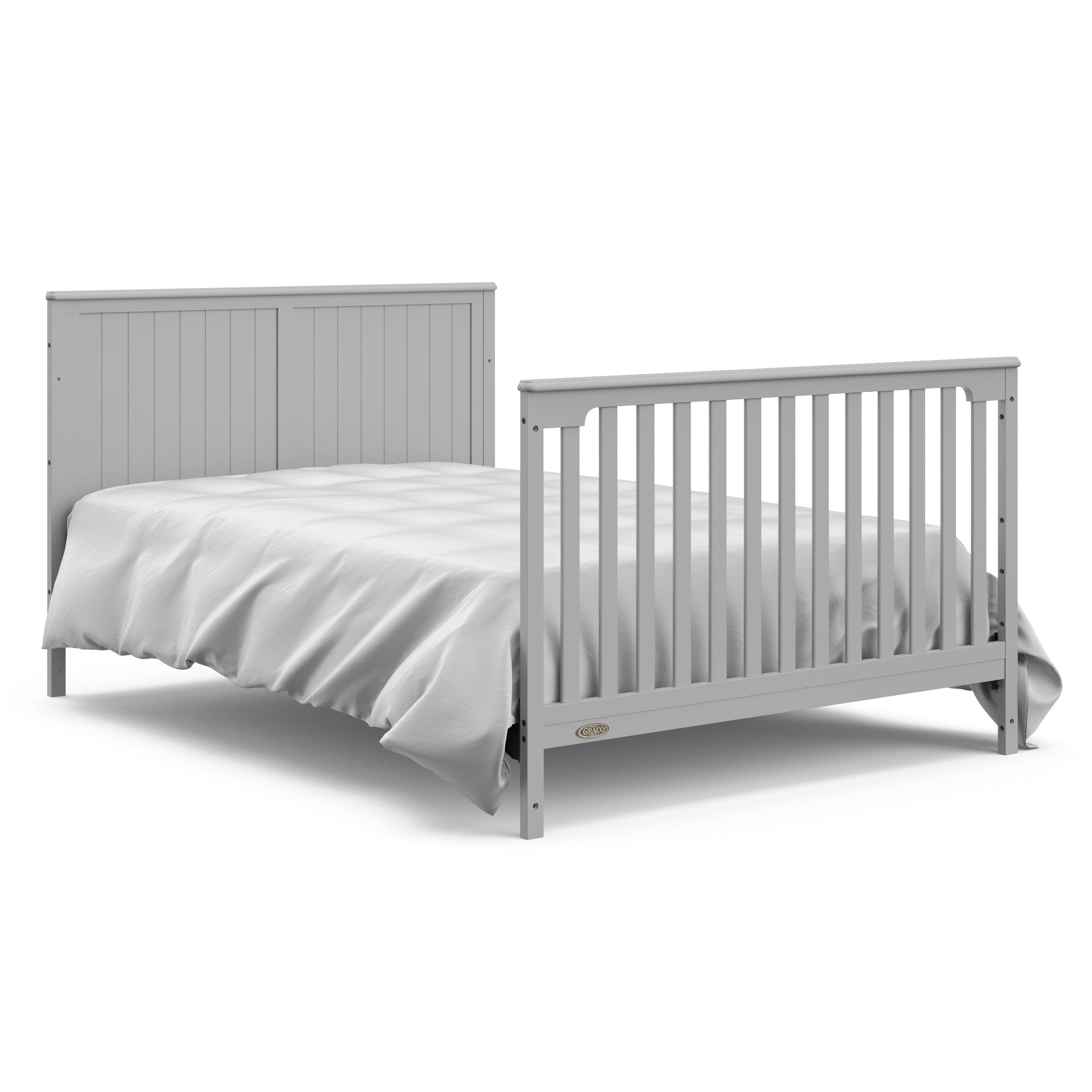 Pebble gray crib and changer with drawer in full-size bed with headboard and footboard conversion