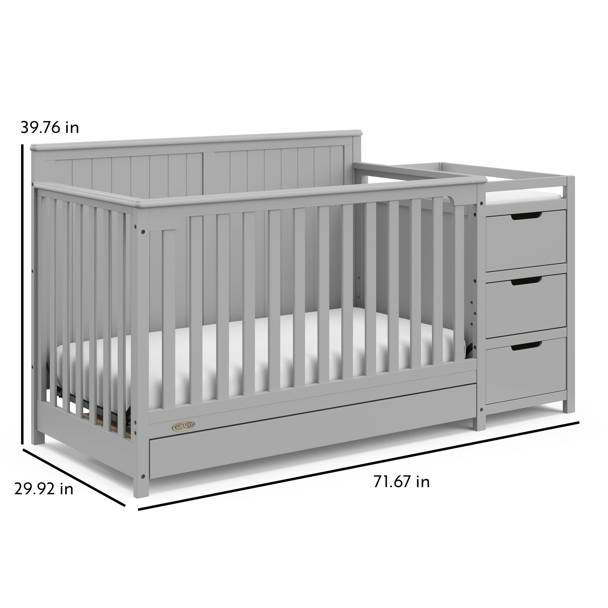 Pebble gray crib and changer with drawer with dimensions