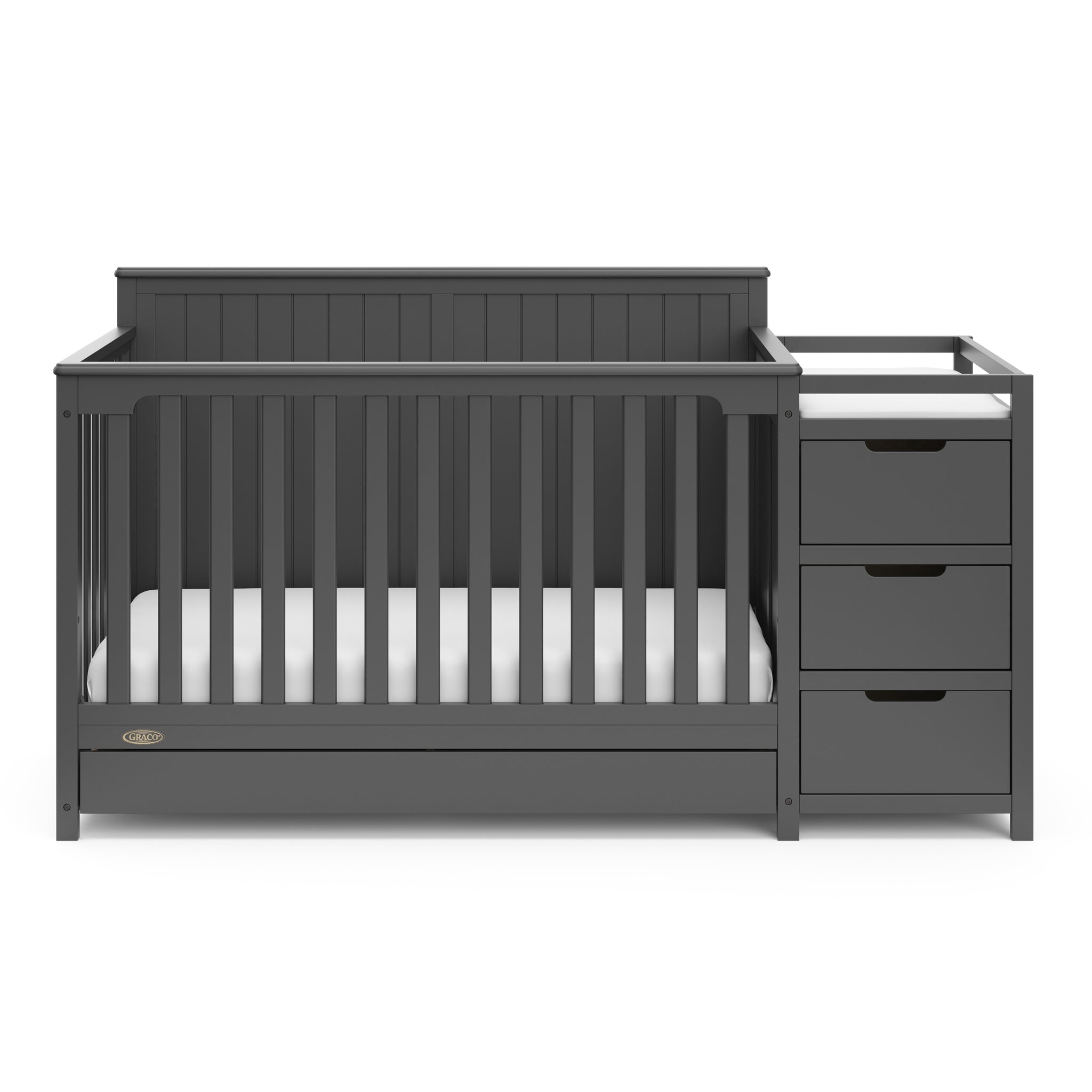 Front view of gray crib with drawer and changer with drawer