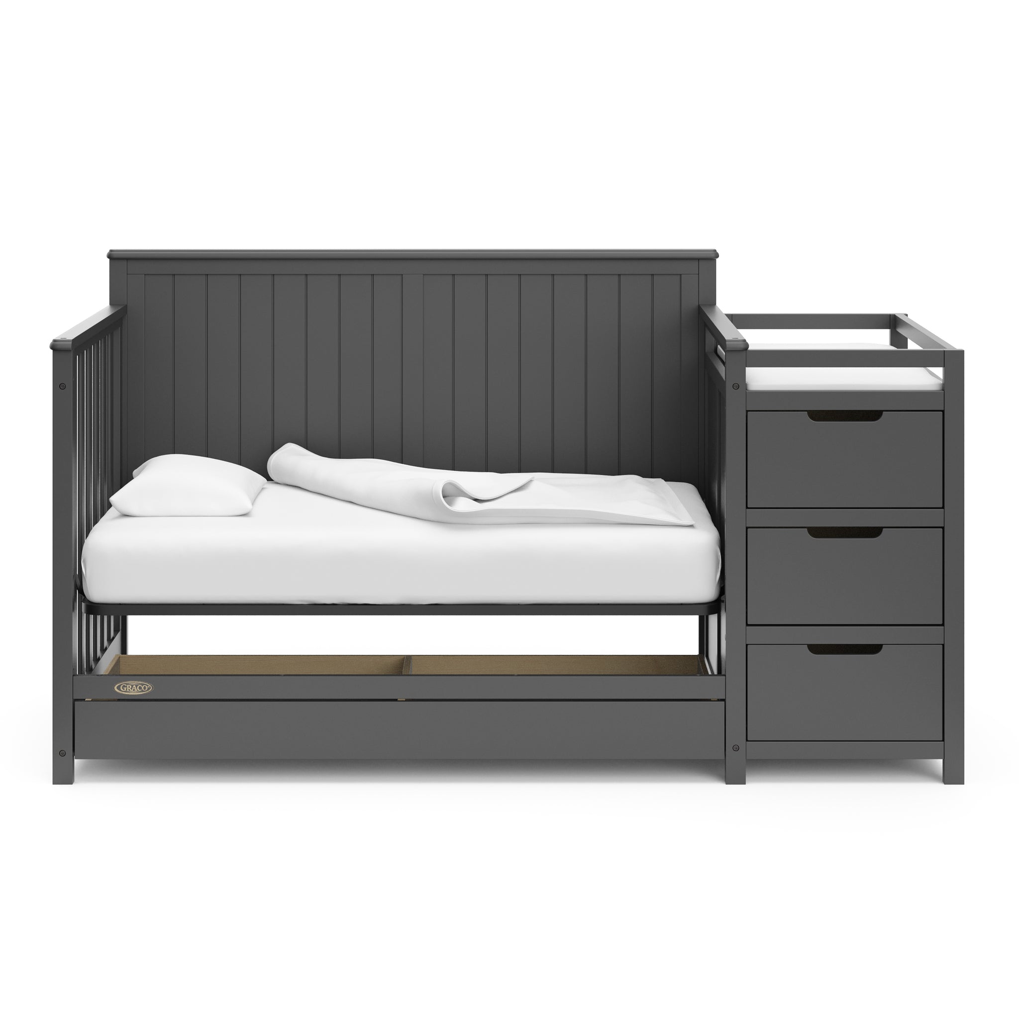 gray crib and changer with drawer in daybed conversion 