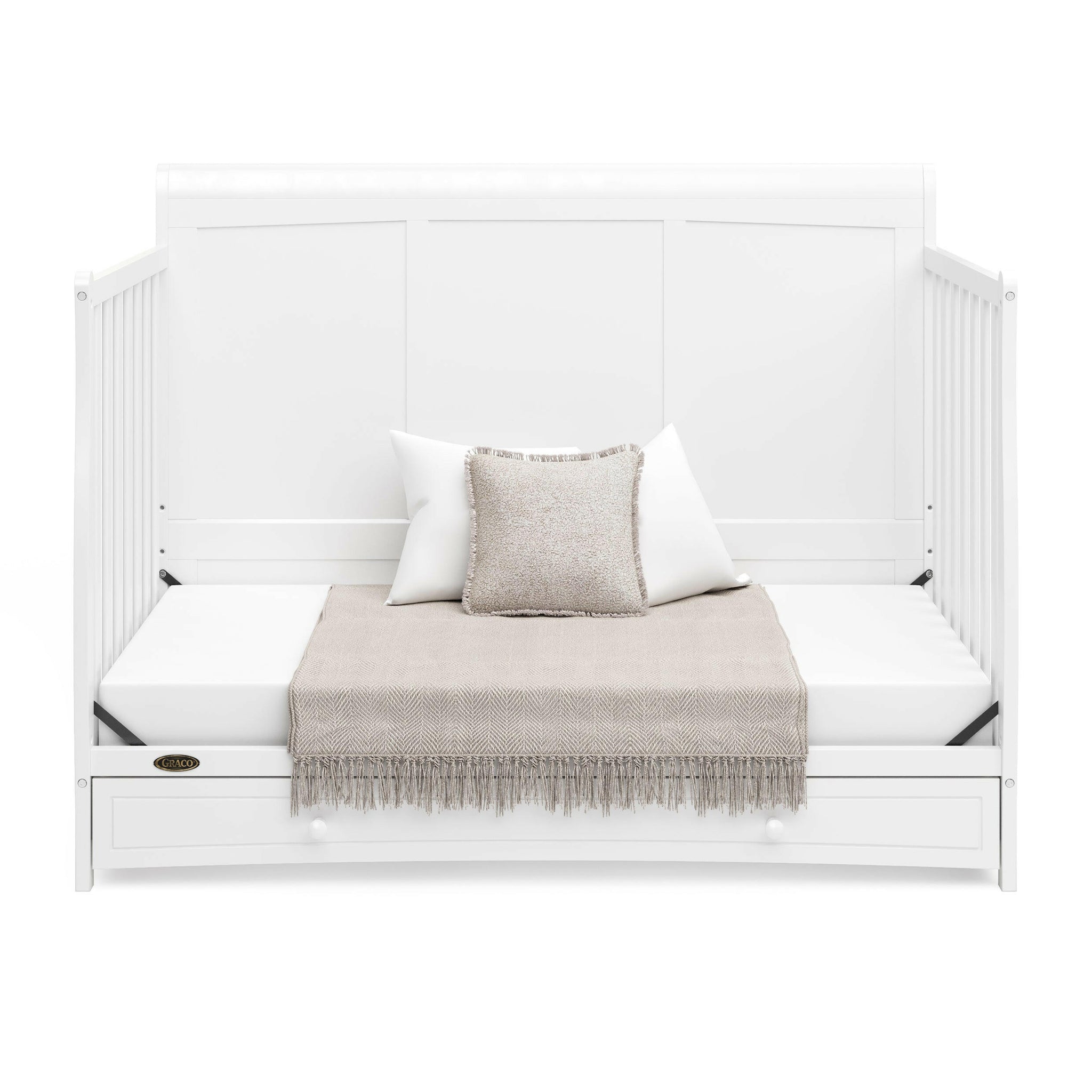 white crib with drawer in daybed conversion