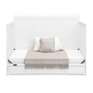 white crib with drawer in daybed conversion