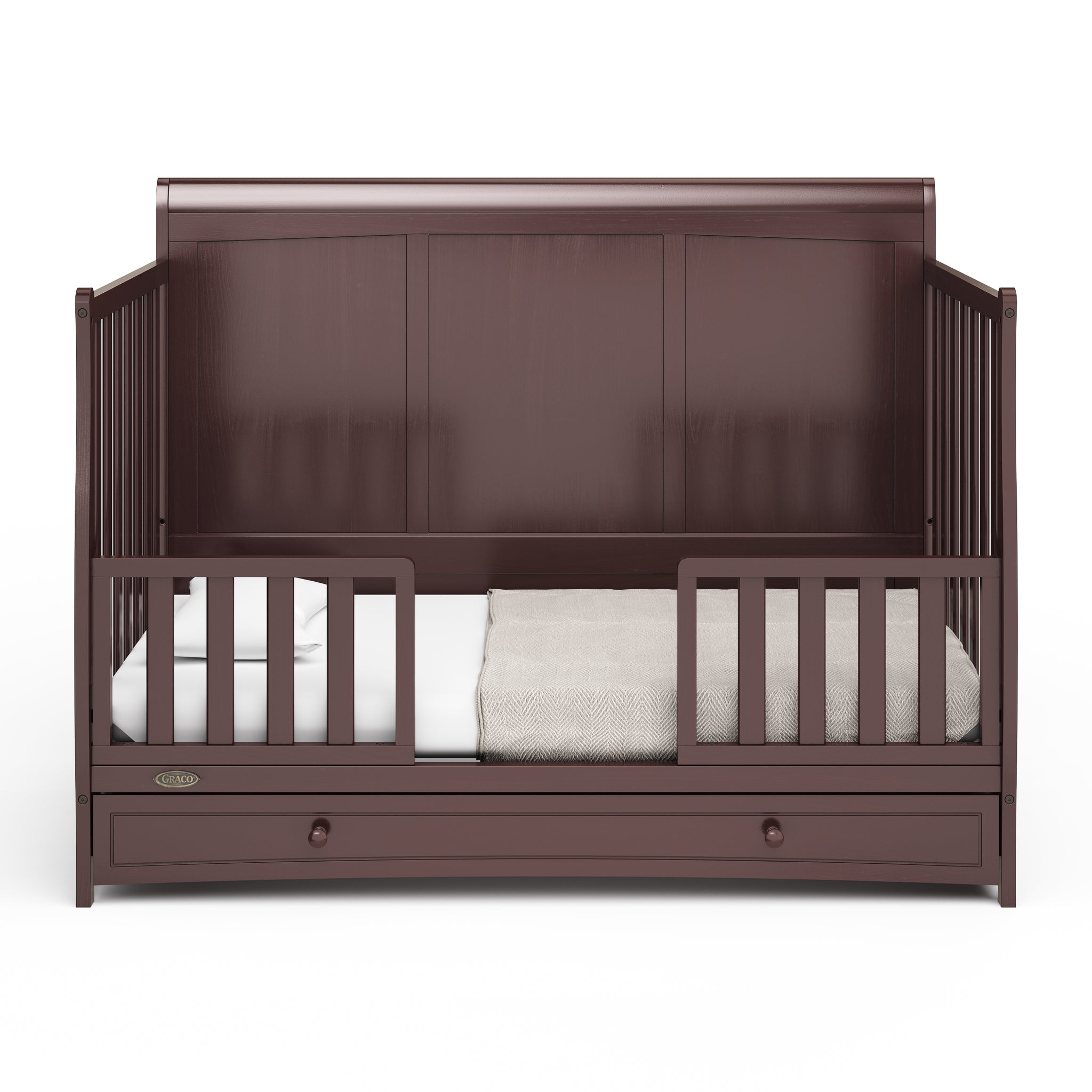 Espresso crib with drawer in toddler bed conversion with two safety guardrails