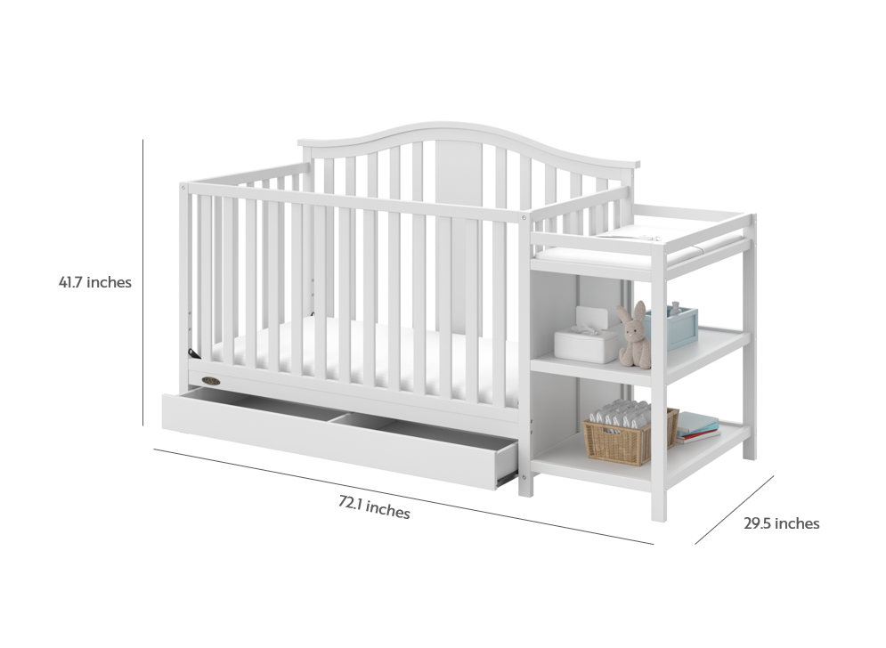 White crib and changer angled with dimensions