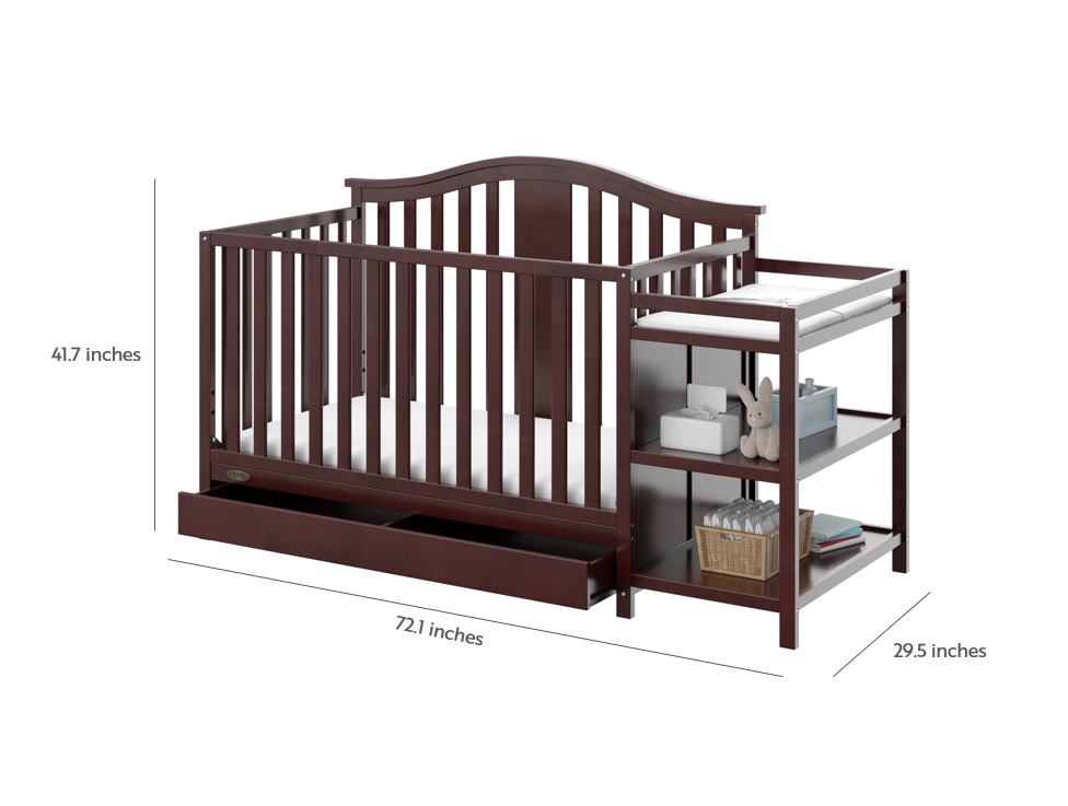 espresso crib and changer angled with dimensions