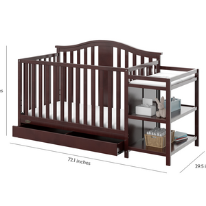 espresso crib and changer angled with dimensions