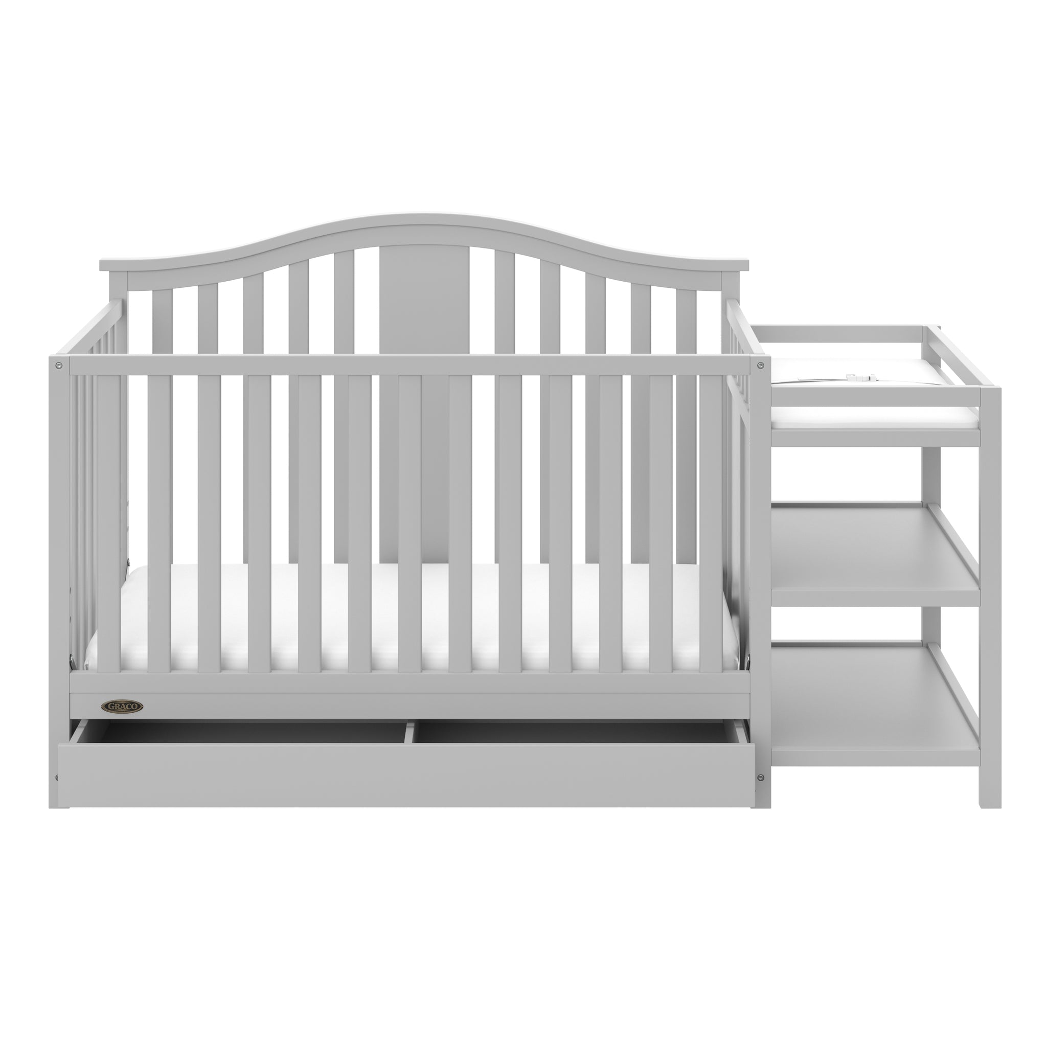 Front view of Pebble gray crib with drawer and changer  with open drawer