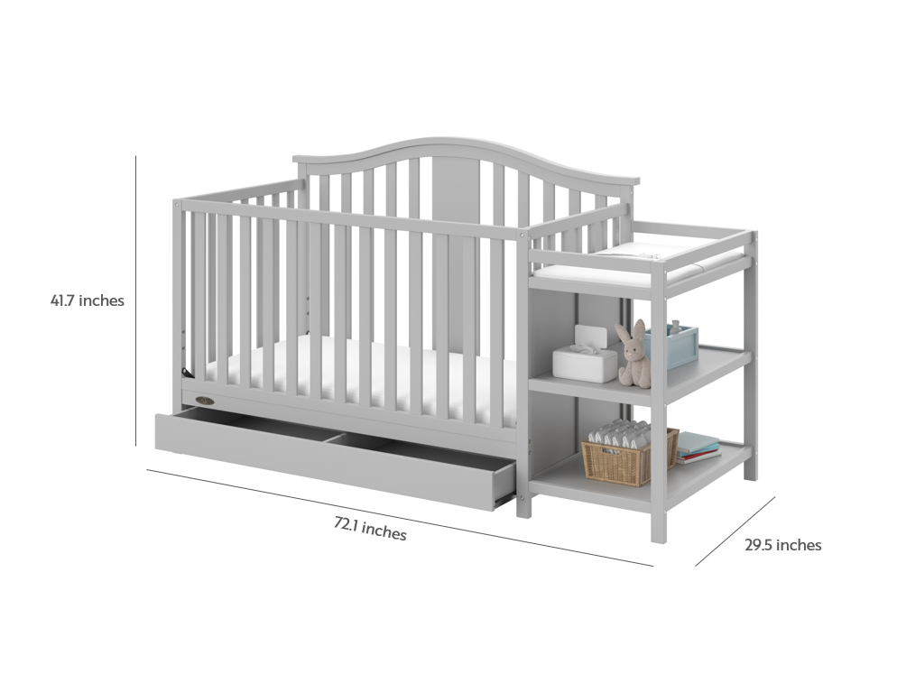 Pebble gray crib and changer with drawer angled with dimensions