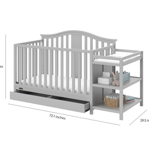 Pebble gray crib and changer with drawer angled with dimensions