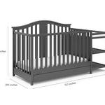 gray crib and changer angled with dimensions
