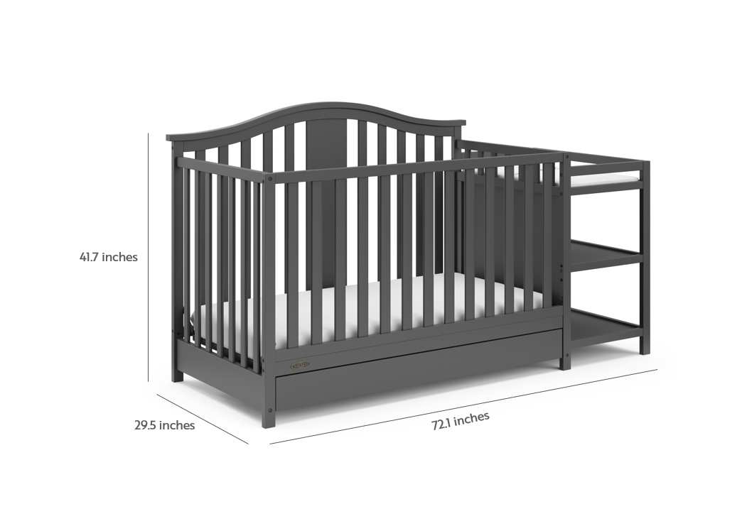 gray crib and changer angled with dimensions