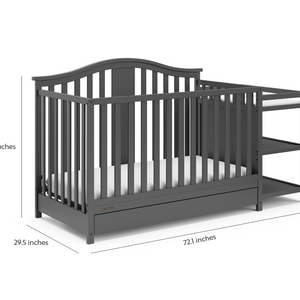 gray crib and changer angled with dimensions