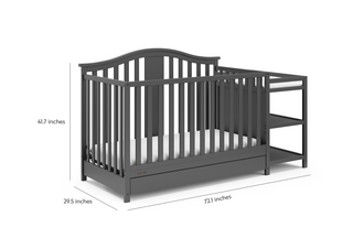 gray crib and changer angled with dimensions