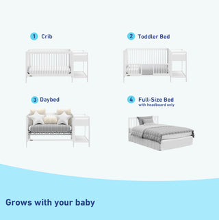 White crib with changer conversions graphic