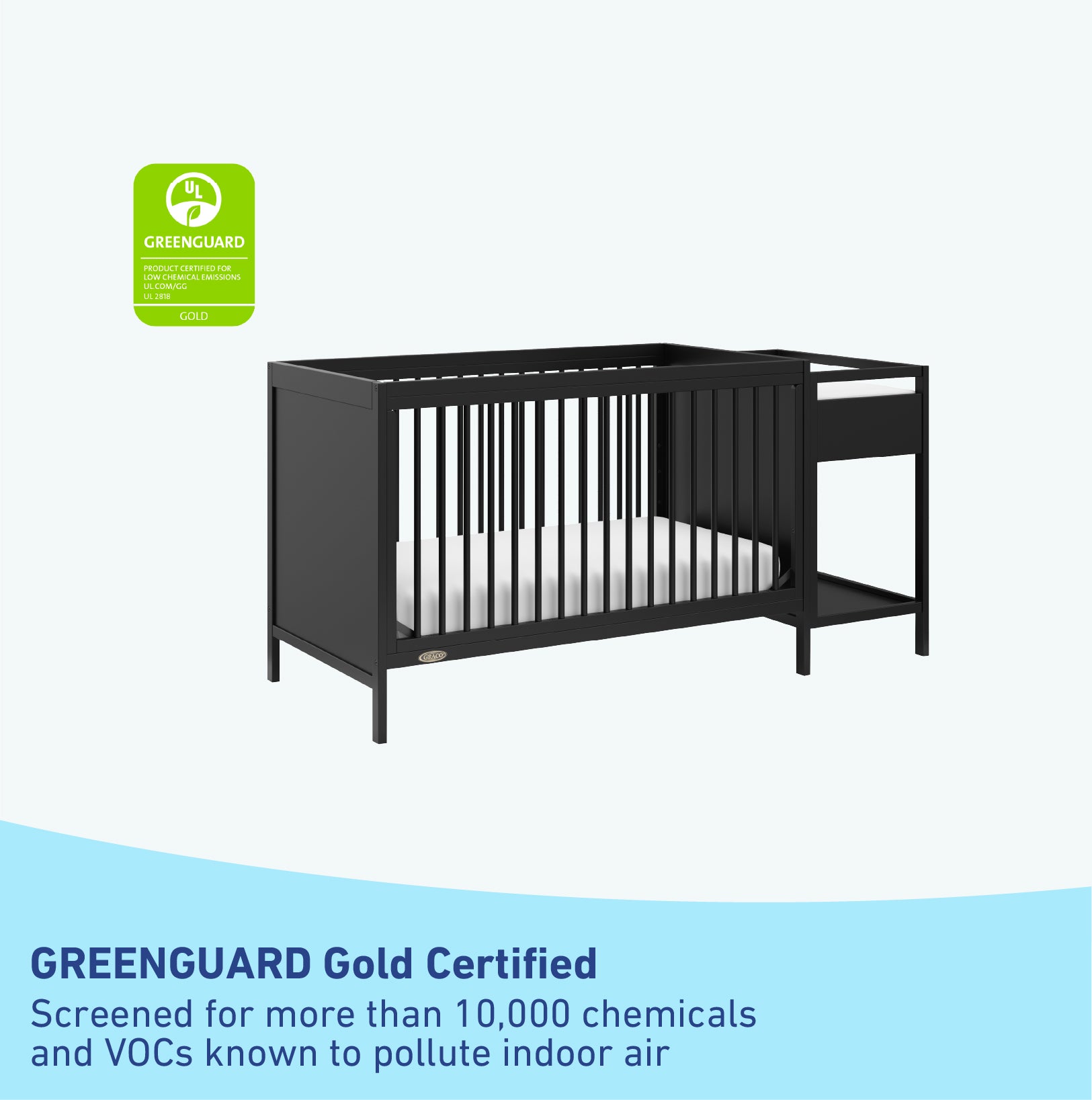 GREENGUARD Gold Certified black crib and changer