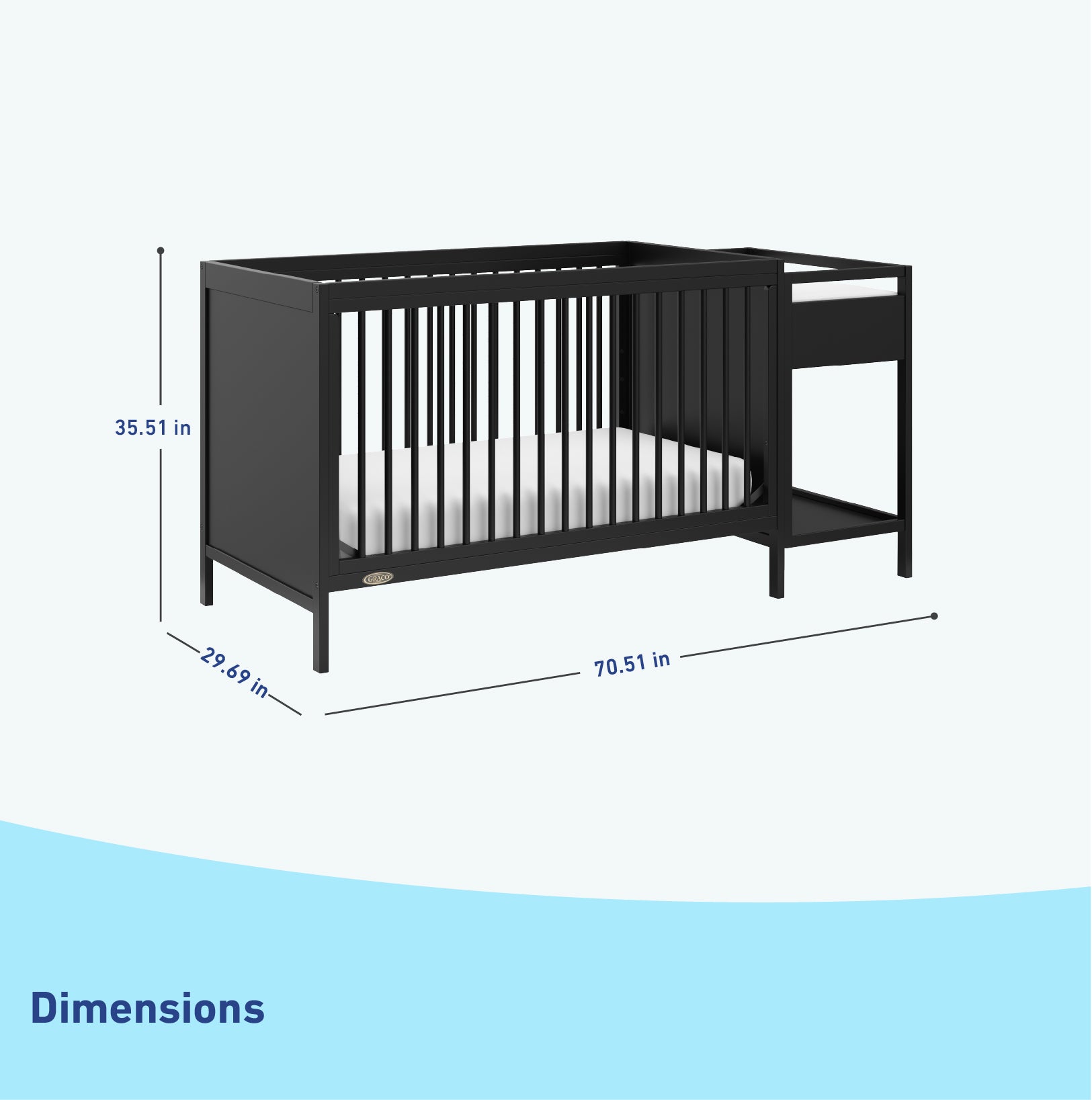black crib with changer dimensions graphic