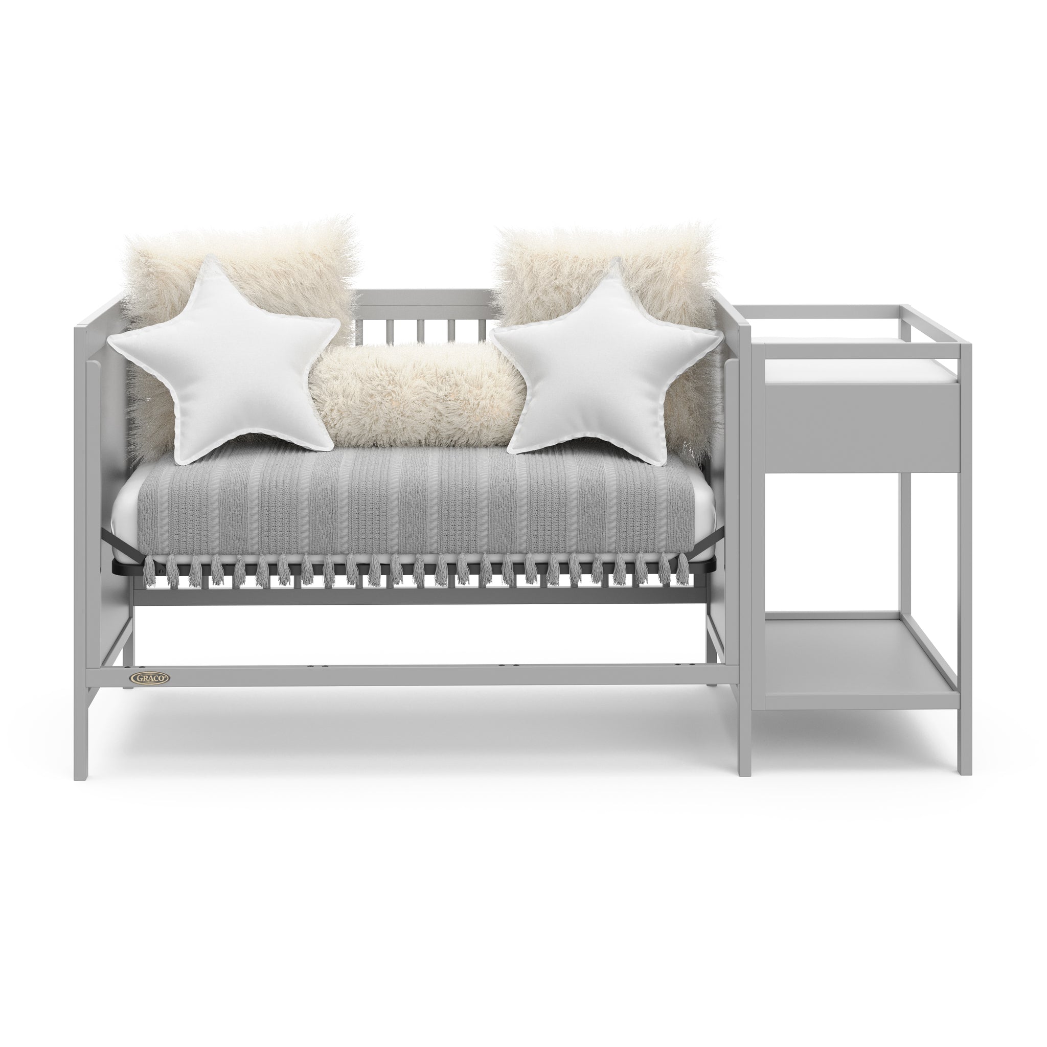 Pebble gray crib and changer in daybed conversion