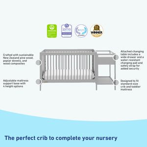 Pebble gray crib and changer features graphic