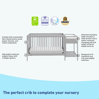 Pebble gray crib and changer features graphic