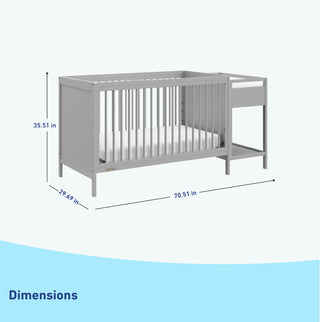 Pebble gray crib with changer dimensions graphic