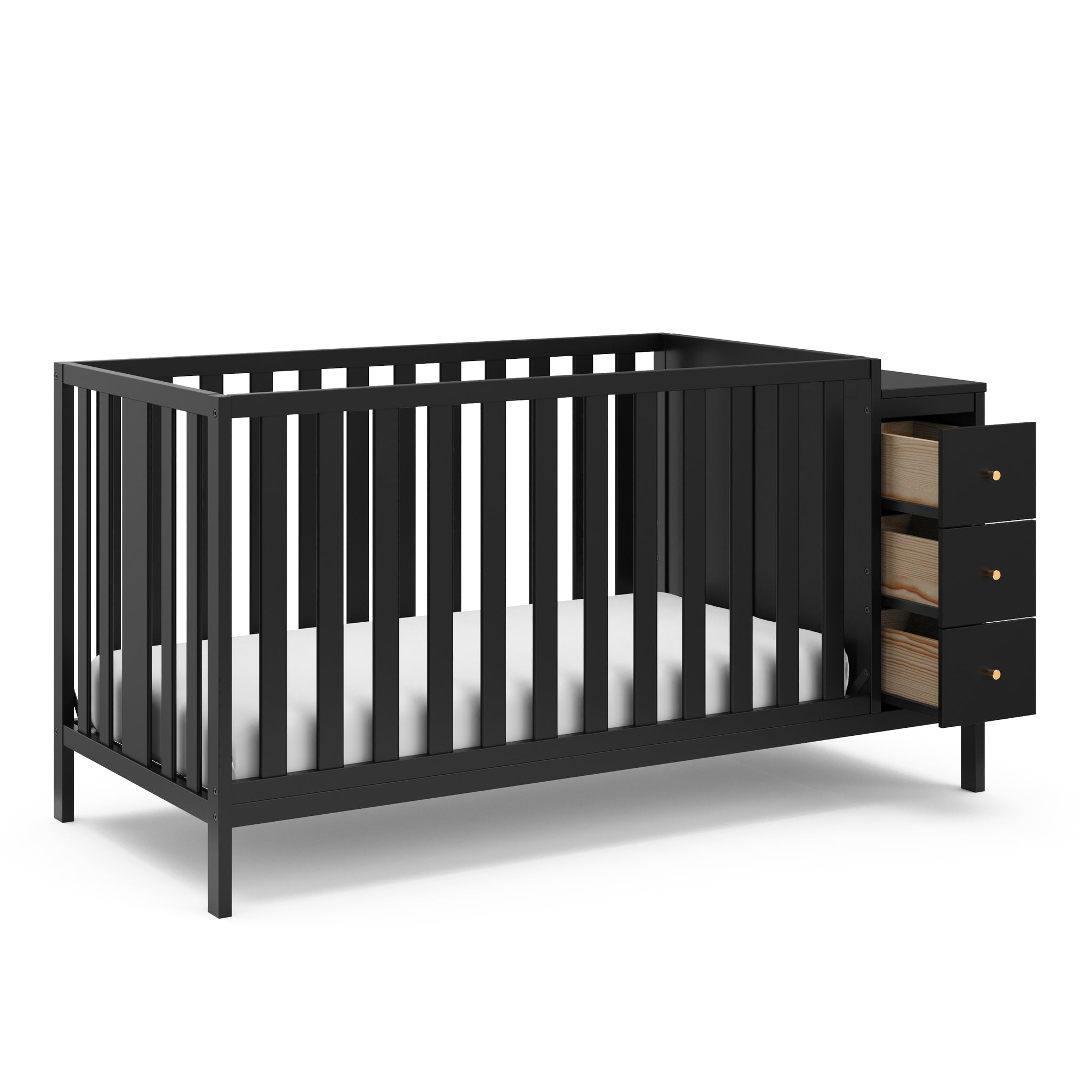 black crib with storage and open drawers angled