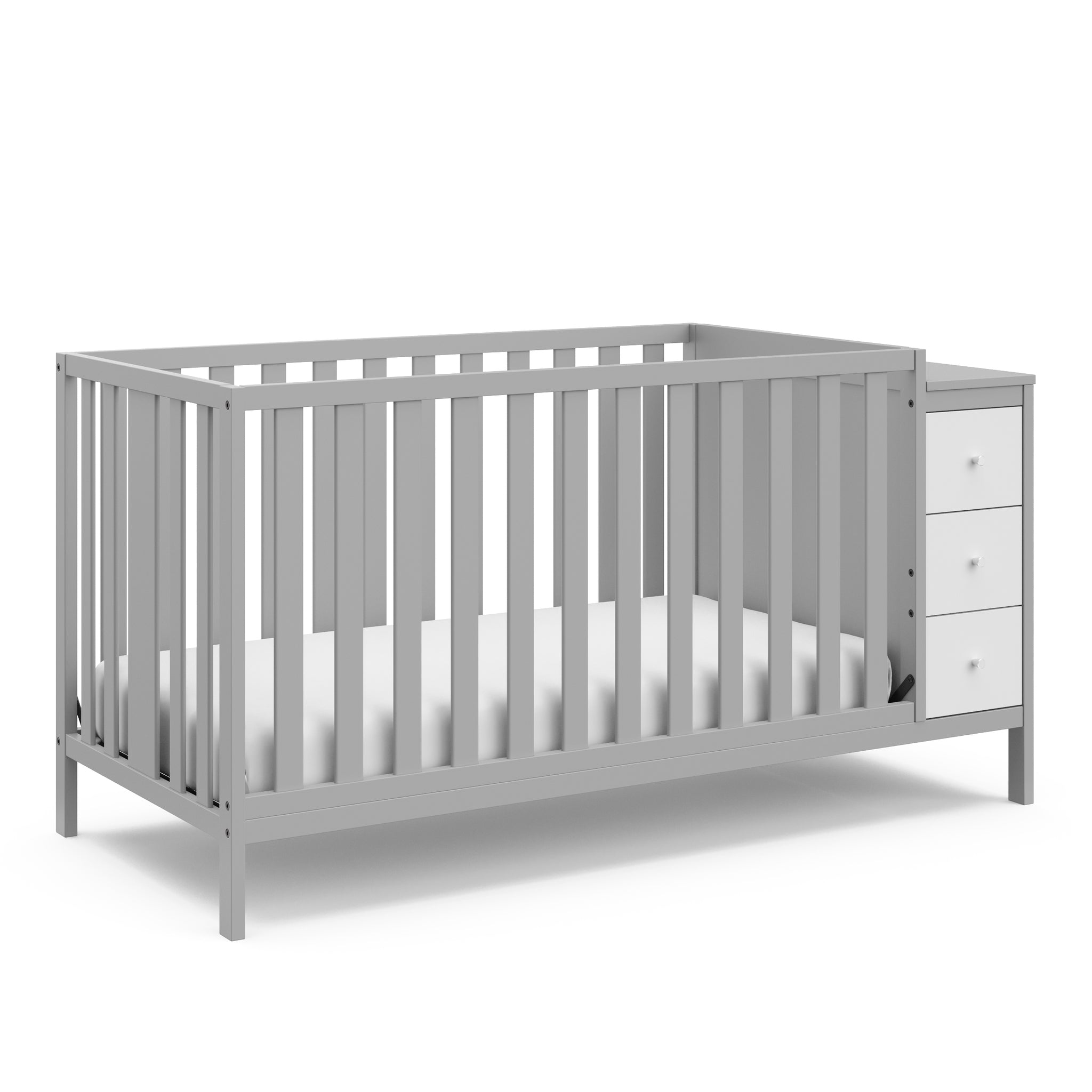 pebble gray and white crib with storage angled