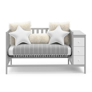 pebble gray and white crib with storage in daybed conversion