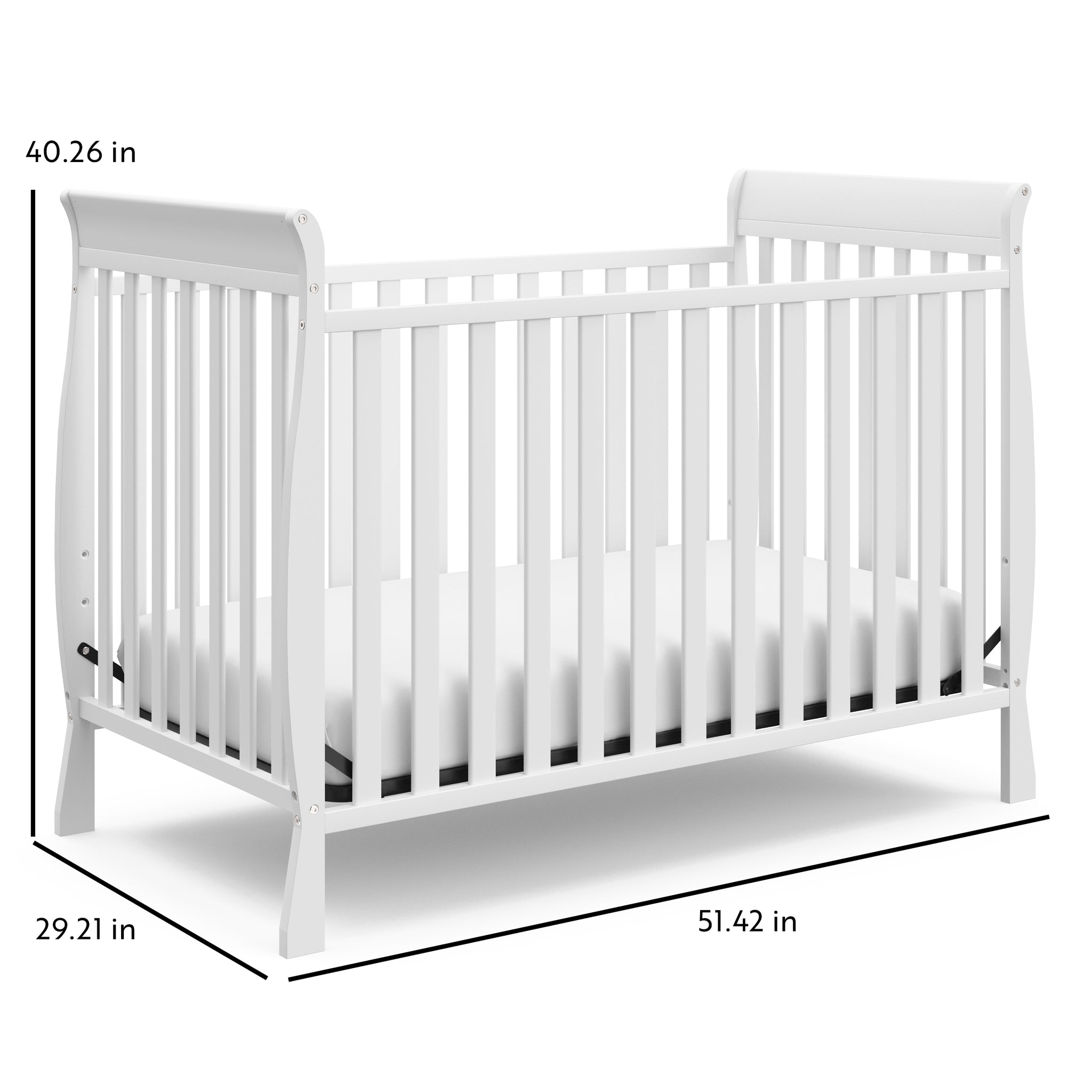 White crib dimensions graphic