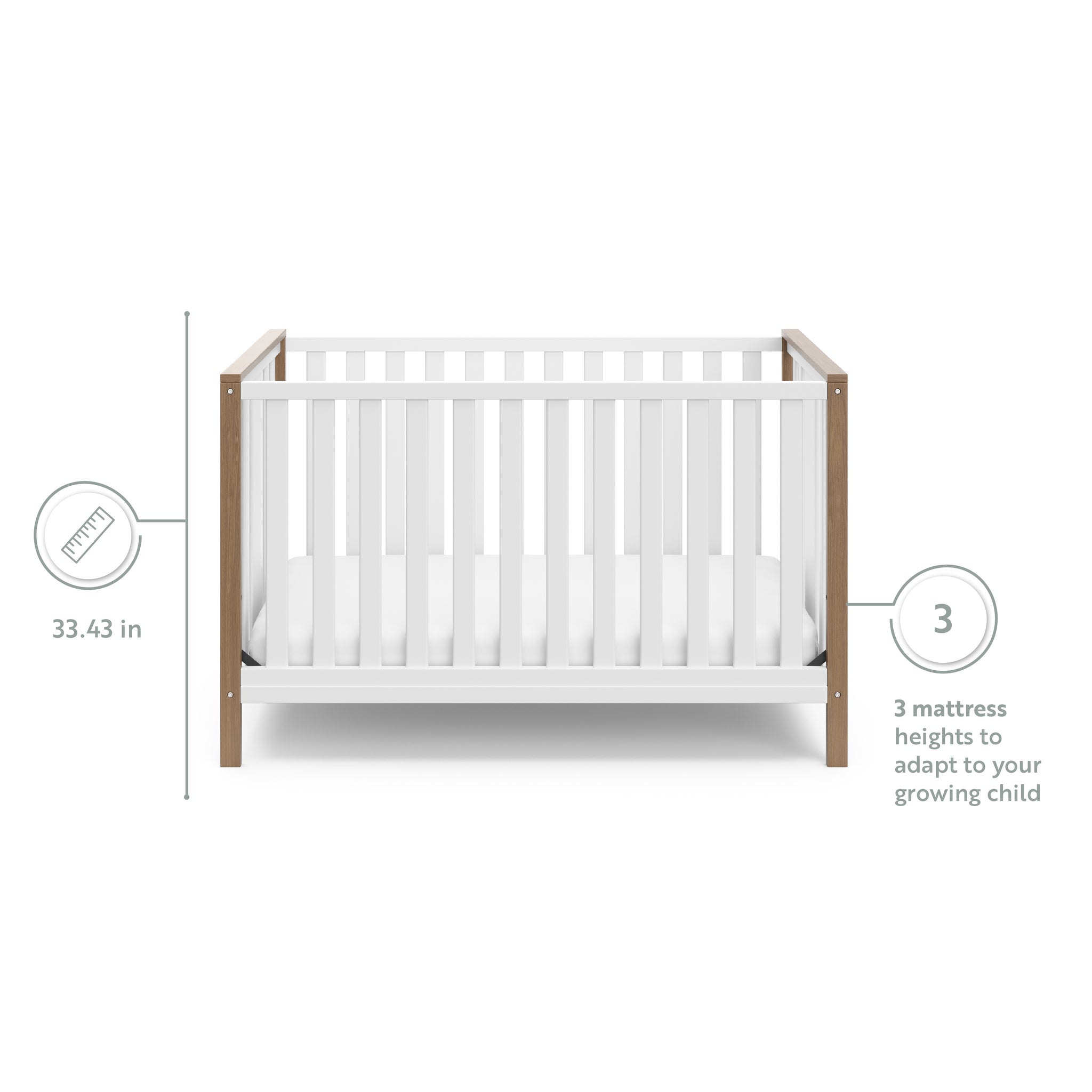 White crib with driftwood with features graphic