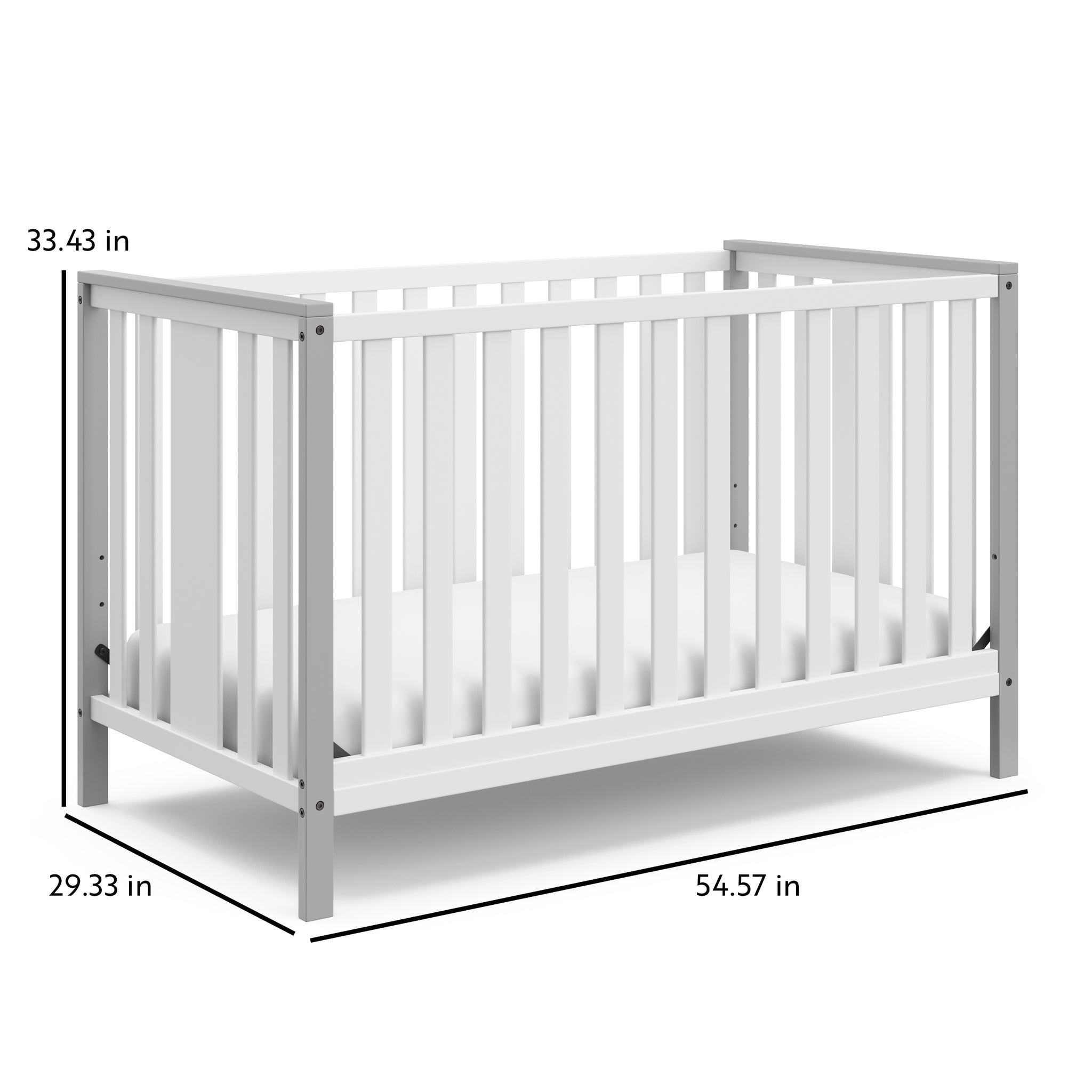 White crib with pebble gray with dimensions graphic