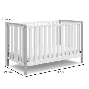 White crib with pebble gray with dimensions graphic